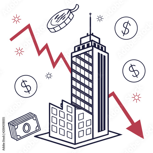 Vector illustration of a building with a downward trend line and financial symbols around it
