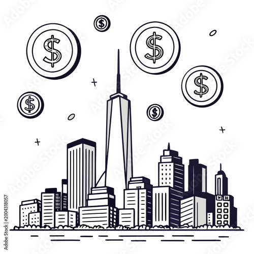 Black and white illustration of a city skyline with dollar coins floating above it