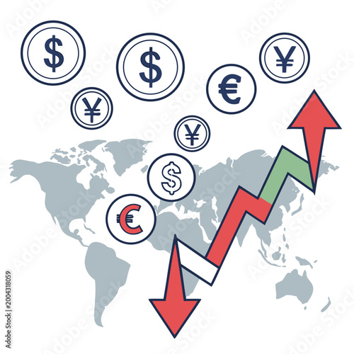 Global financial market trends with currency symbols and world map background showing economic growth