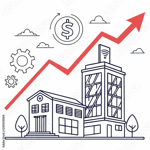 Vector illustration of a building with a red graph and dollar sign indicating financial growth and progress