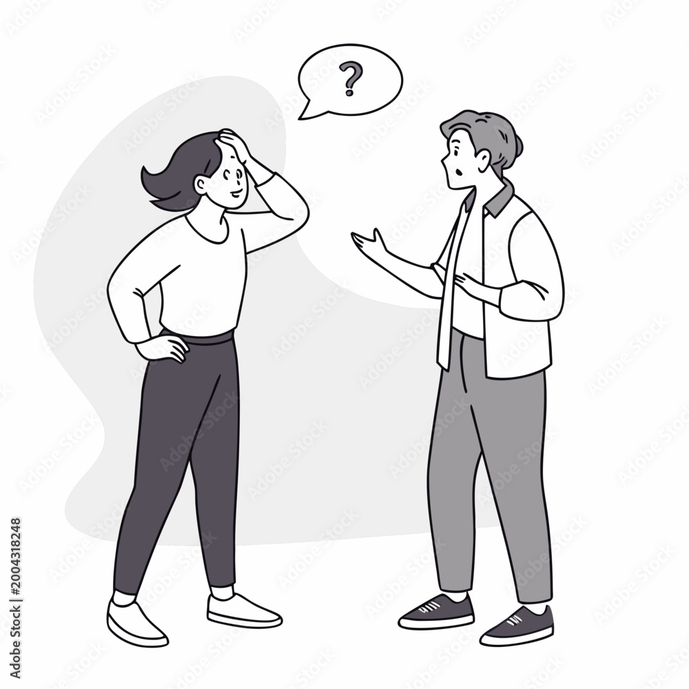 Fototapeta premium Confused woman and man talking with question mark in speech bubble expressing uncertainty