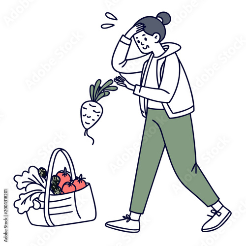 A cartoon woman looking surprised as a large vegetable jumps out of her shopping bag