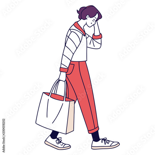 A cartoon woman walking while talking on phone with shopping bag in hand looking stressed