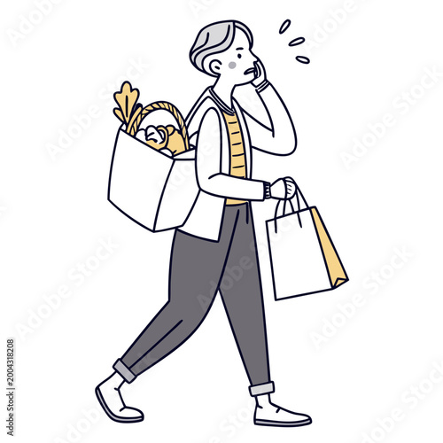 A cartoon woman walking while talking on phone with shopping bags and groceries