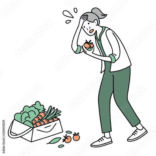 A cartoon woman looking stressed while holding a vegetable and standing next to a bag of vegetables on the ground