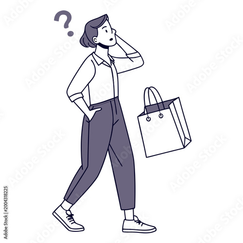 A cartoon woman with a shopping bag looking puzzled and confused while standing