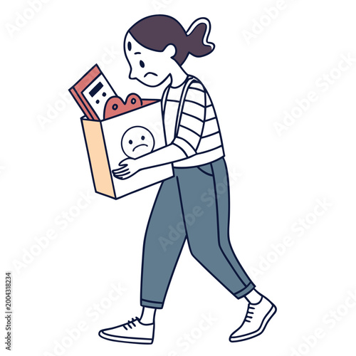 A sad woman carrying a cardboard box with a frowning face on it and some belongings