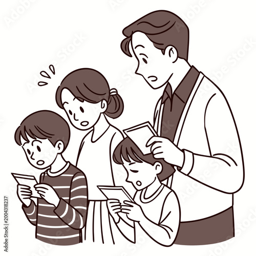 A family of four looking at their phones with surprised expressions on their faces