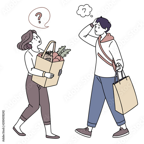 Confused couple with grocery bags looking at each other in puzzlement