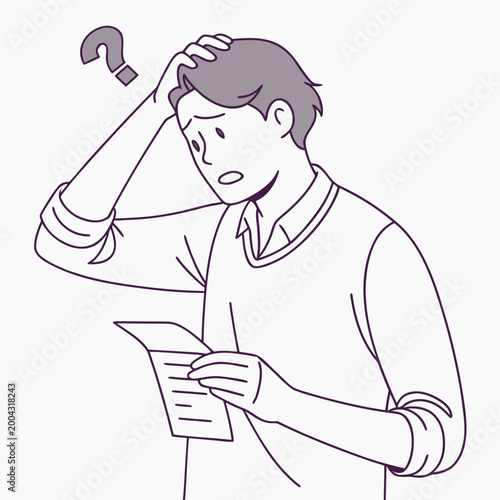 Confused man scratching head looking at paper with question mark