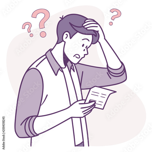 Confused man scratching head with question marks around him looking puzzled