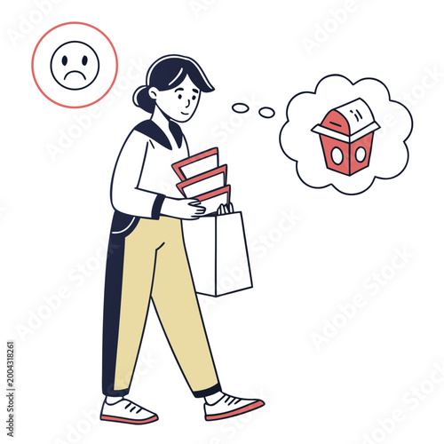 A cartoon woman carrying shopping bags and books while thinking about fast food