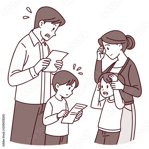 A cartoon illustration of a stressed family of four looking at papers and talking on the phone together
