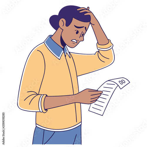 A cartoon illustration of a stressed man looking at a receipt with a worried expression on his face