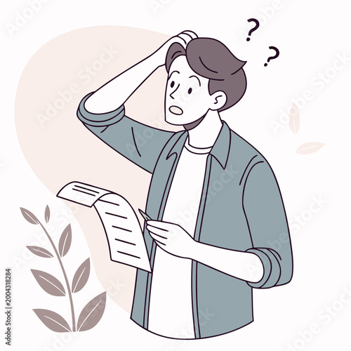 Confused man scratching head looking at document with question marks around him in a thoughtful pose