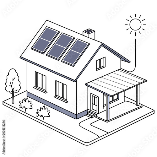 A house with solar panels on the roof and a sun in the sky