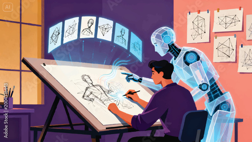 A human designer and AI working as genuine creative partners, designer sitting at large tilted drawing desk sketching rough concepts with expressive gestural lines