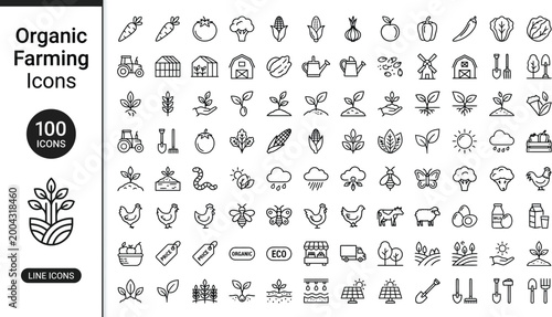 Organic farming icons set for sustainable agriculture and eco friendly lifestyle concepts