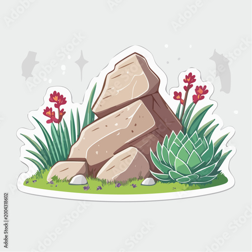 Stylized Rock Formation with Succulent and Red Flowers