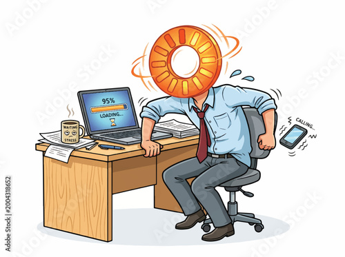 Cartoon businessman with a life preserver for a head sitting at a desk with a laptop and papers, looking stressed.