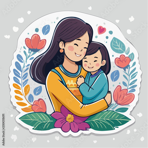 Mother and Child Embracing with Flowers