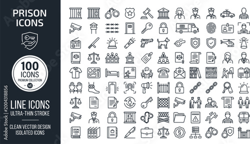 Prison icons set with 100 line art illustrations for justice and crime concepts