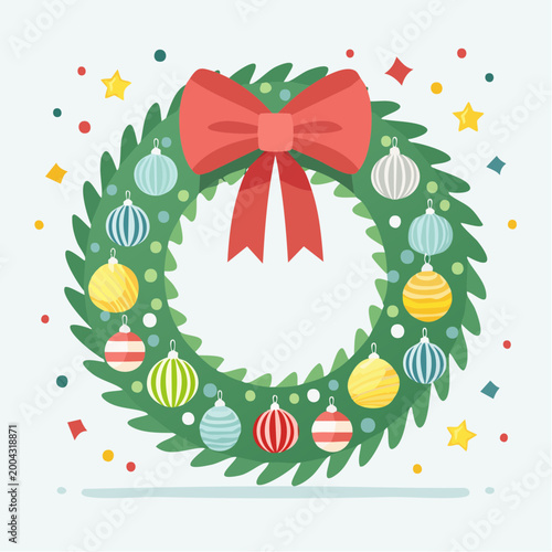 Christmas Wreath with Ornaments and Red Bow