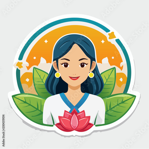 Woman with Lotus Flower and Green Leaves