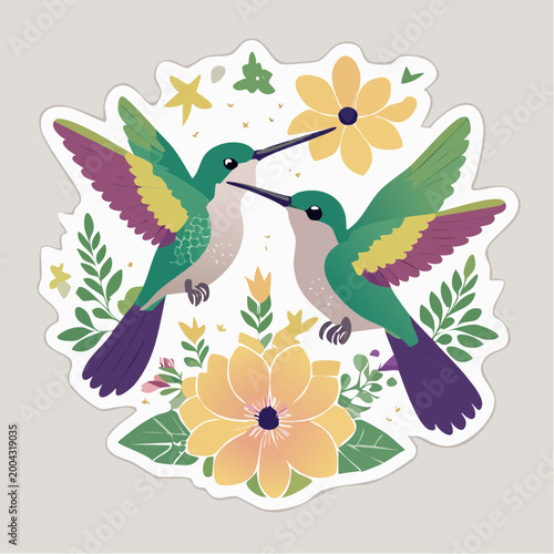 Two Hummingbirds and Flowers Illustration
