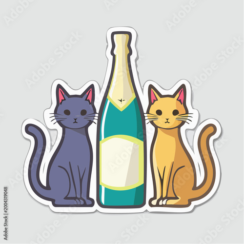 Two Cats Sitting Next to a Champagne Bottle