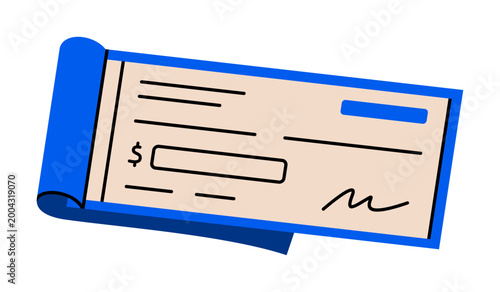 Hand drawn illustration of open checkbook. Flat vector blank paper cheque for money transaction sticker doodle. Budget planning or financial management icon. Personal accounting. Isolated.