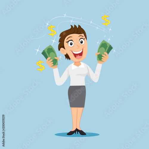  A woman holds dollars.