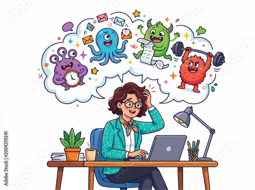 A cartoon woman sitting at a desk with a laptop and various office supplies, looking stressed with thought bubbles of colorful monsters above her head, conveying a playful and chaotic mood.