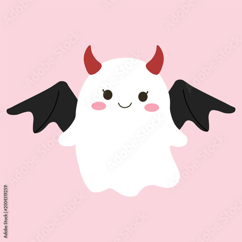 White ghost character with red devil horns and black bat wings on pink background for halloween holiday theme.