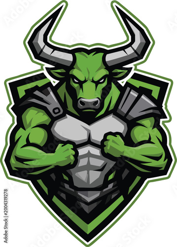 Dynamic bull warrior esports logo, athletic bull mascot, chest-up flex pose, angular horn structure, orange gray white color palette, thick black outlines
