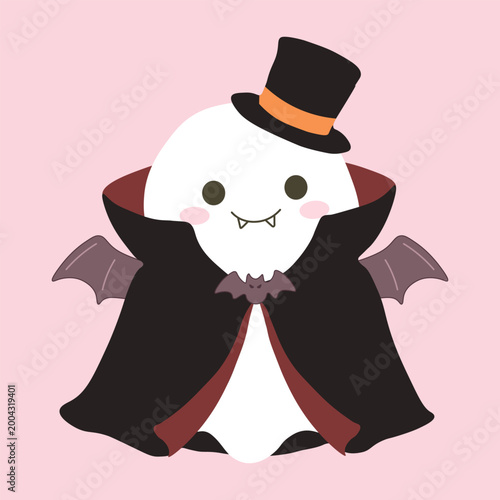 White ghost dressed as count dracula vampire in black cape and top hat on pink background for halloween theme.