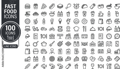 Minimalist monoline fast food icons set for designers and developers