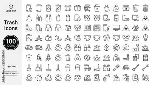 Collection of 100 minimalist trash icons in monoline style for design projects and presentations