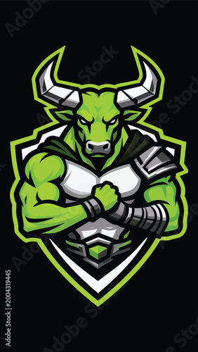Dynamic bull warrior esports logo, athletic bull mascot, chest-up flex pose, angular horn structure, orange gray white color palette, thick black outlines