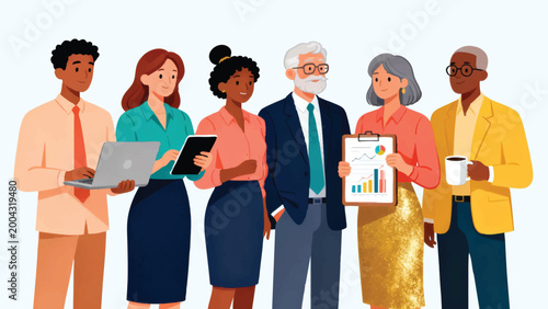 a diverse multicultural business team standing together in a row, six colleagues of different genders ethnicities and ages, each holding work-related items like laptop tablet clipboard chart and coffe