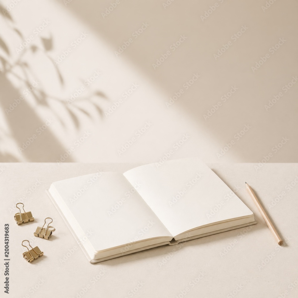 Fototapeta premium Minimalist Open Blank Notebook with Pencil and Binder Clips