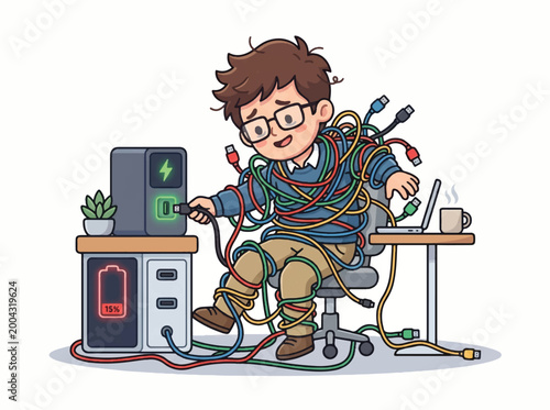 Cartoon illustration of a confused boy sitting at a desk tangled in colorful wires and cables with computer equipment around him in a chaotic workspace.
