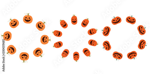 Set of three circular frames and borders made of carved halloween pumpkins with spooky faces on white background.