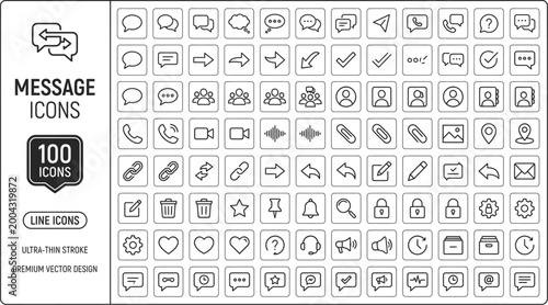 Collection of 100 minimalist monoline message icons for digital communication and social media