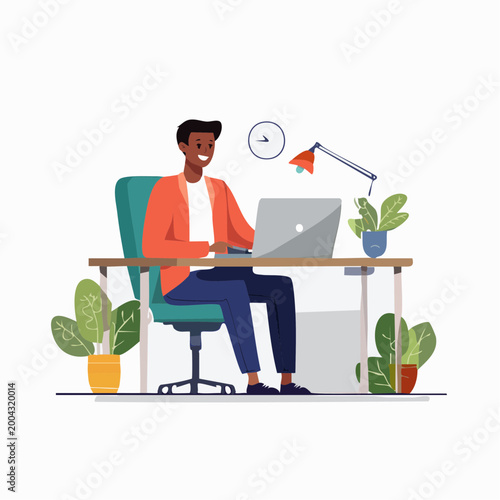 Man Working on Laptop at Desk with Plants