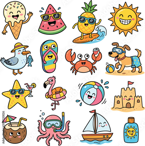 cute cartoon summer things doodle vector set design illustration