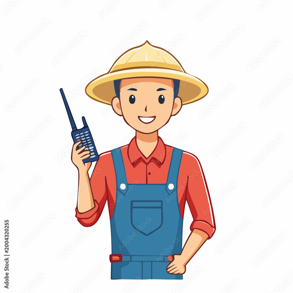 Obraz premium Cartoon Farmer Holding a Walkie-Talkie