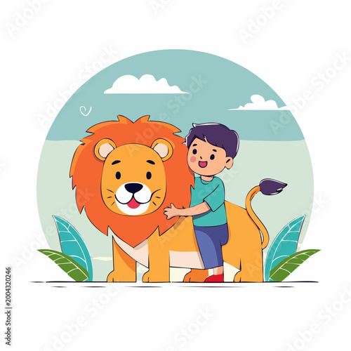 Child Hugging a Friendly Lion