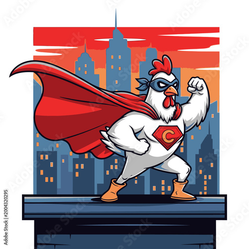 A superhero chicken stands heroically on a rooftop with a cityscape and vector graphics.