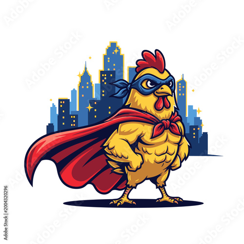 A muscular chicken superhero wearing a mask and cape stands confidently in front of a city skyline at night.